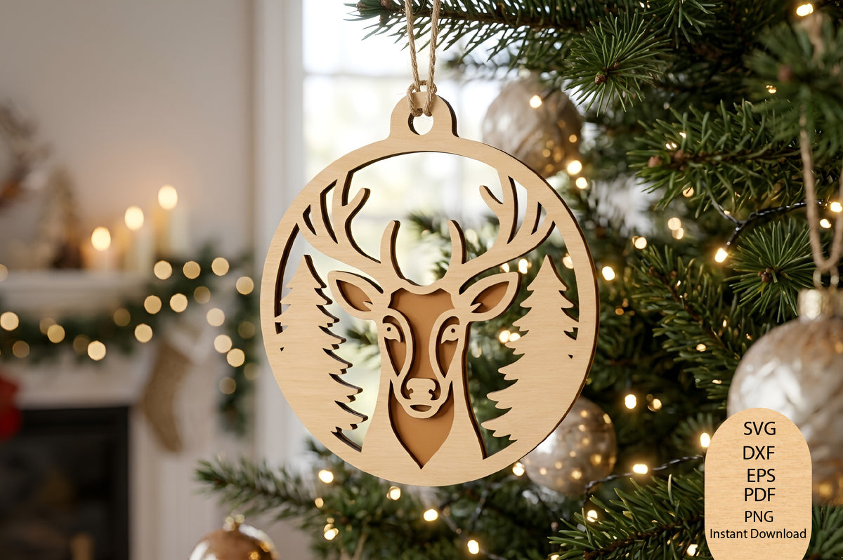 Christmas Reindeer Ornament Laser Cut SVG, Reindeer Christmas Ornament Cut File, Holiday Tree Ornament SVG