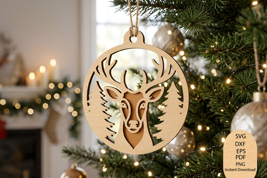 Christmas Reindeer Ornament Laser Cut SVG, Reindeer Christmas Ornament Cut File, Holiday Tree Ornament SVG