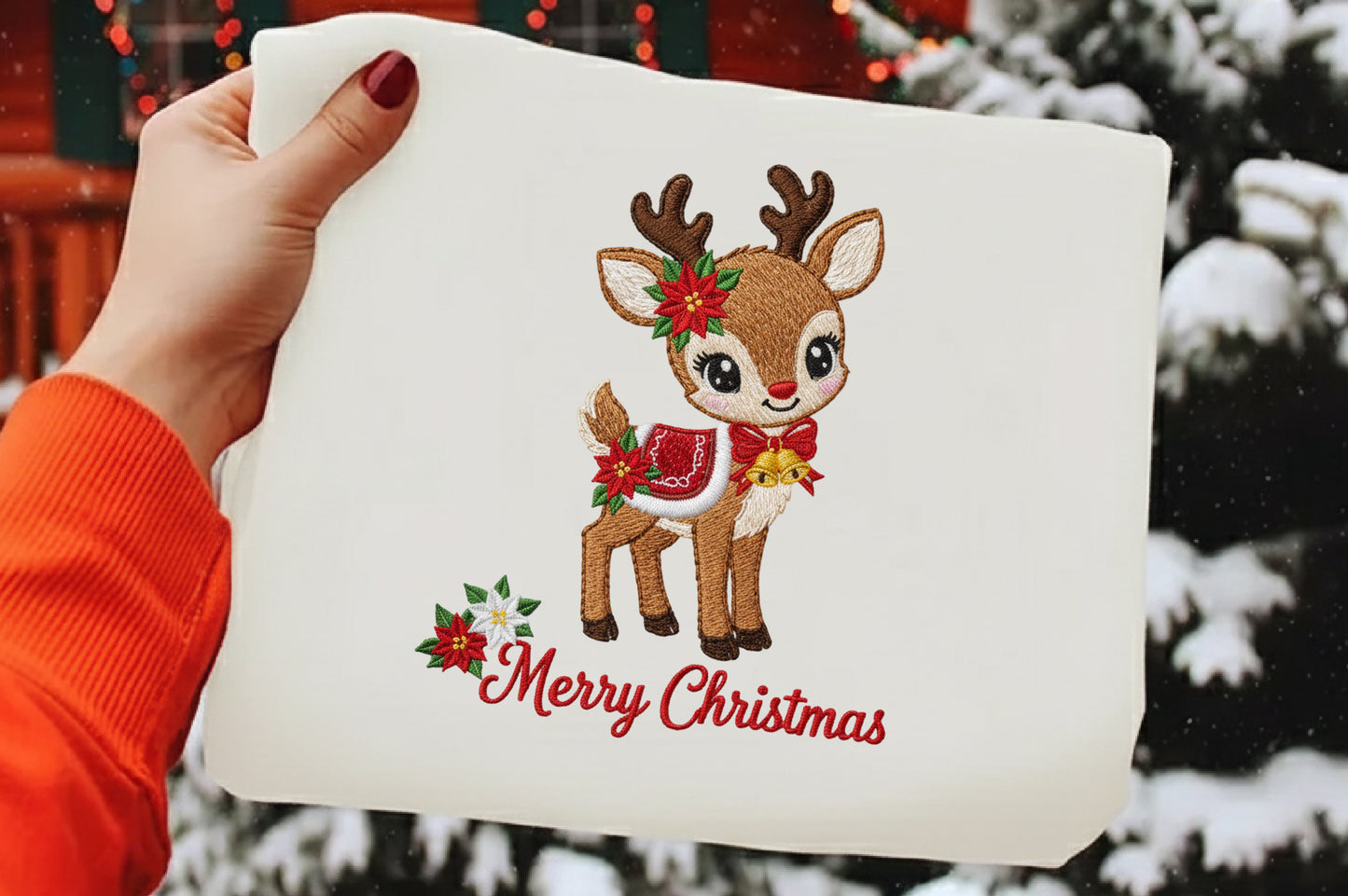 Cute Christmas Reindeer Embroidery PNG