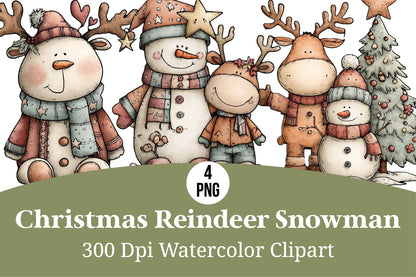 Christmas Reindeer Snowman Watercolor Clipart PNG Bundle