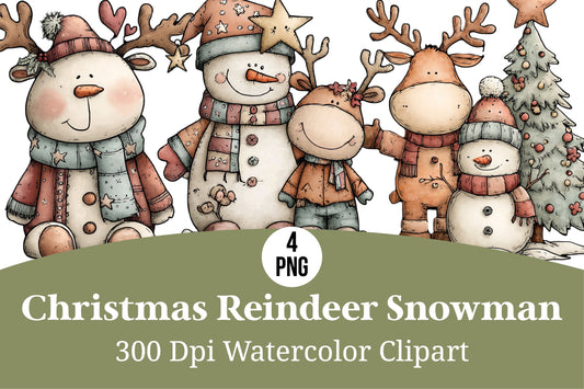 Christmas Reindeer Snowman Watercolor Clipart PNG Bundle