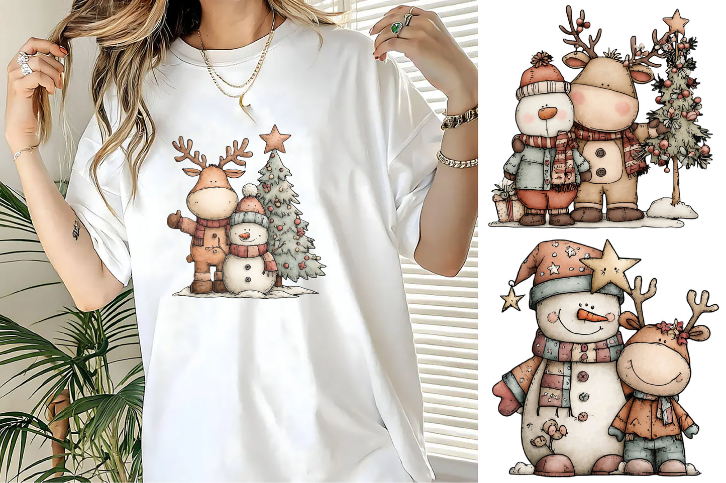 Christmas Reindeer Snowman Watercolor Clipart PNG Bundle