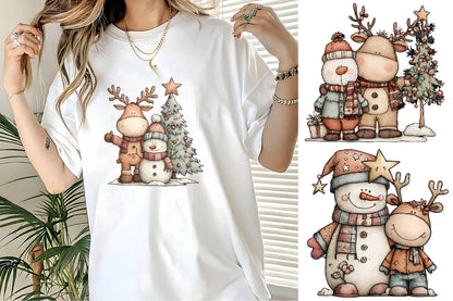 Christmas Reindeer Snowman Watercolor Clipart PNG Bundle