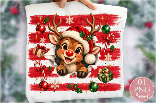 Cute Christmas Reindeer PNG Santa Hat Red Stripe Holiday Sublimation
