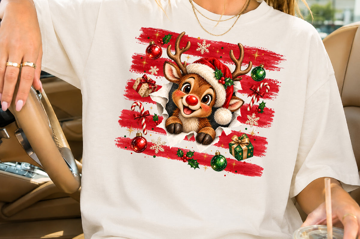 Cute Christmas Reindeer PNG Santa Hat Red Stripe Holiday Sublimation
