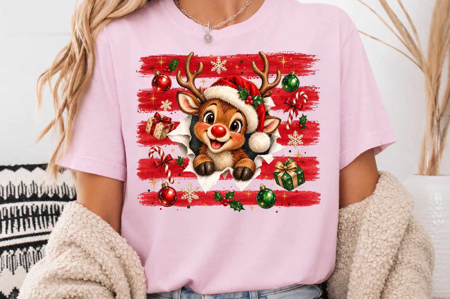 Cute Christmas Reindeer PNG Santa Hat Red Stripe Holiday Sublimation