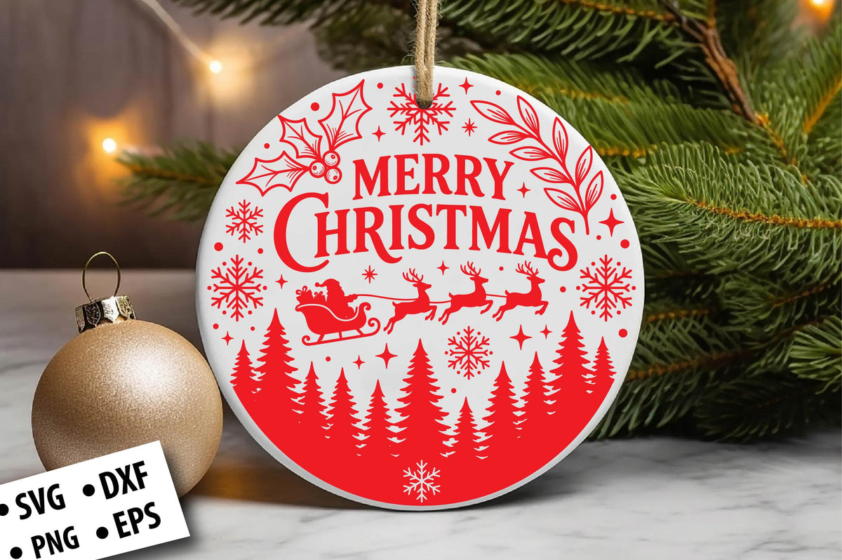 Merry Christmas Round Ornament SVG Laser Cut