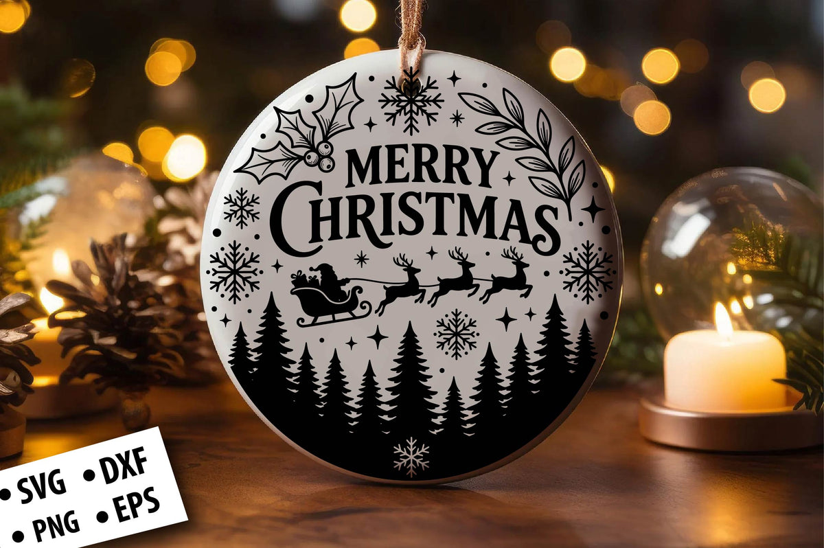 Merry Christmas Round Ornament SVG Laser Cut