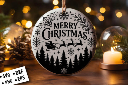 Merry Christmas Round Ornament SVG Laser Cut
