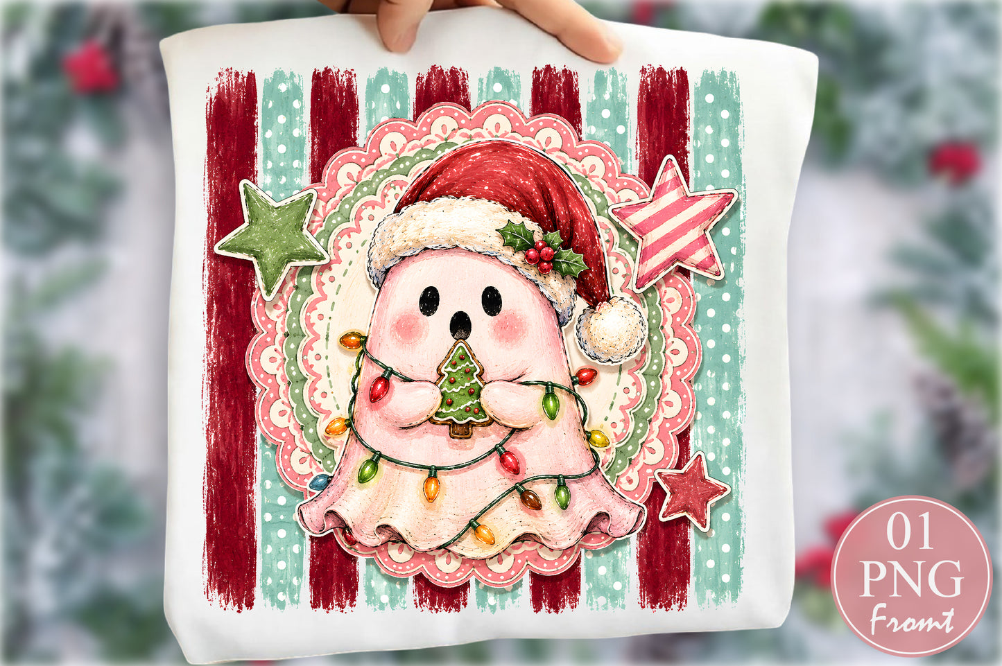 Cute Christmas Ghost PNG Santa Hat Holiday Lights Festive Sublimation