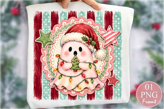 Cute Christmas Ghost PNG Santa Hat Holiday Lights Festive Sublimation
