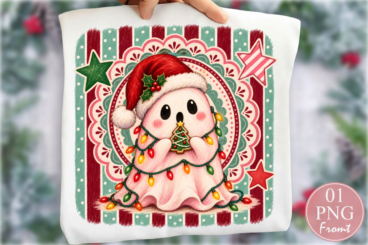 Cute Christmas Ghost PNG Santa Hat Holiday Lights Cookie Sublimation