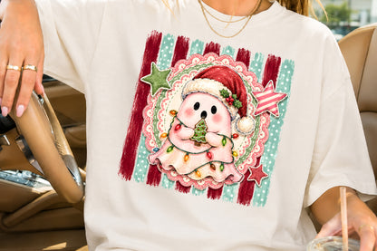 Cute Christmas Ghost PNG Santa Hat Holiday Lights Festive Sublimation
