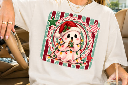 Cute Christmas Ghost PNG Santa Hat Holiday Lights Cookie Sublimation