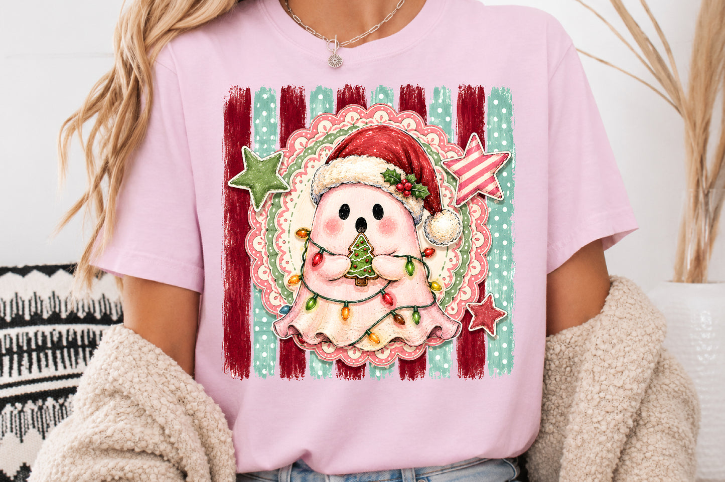 Cute Christmas Ghost PNG Santa Hat Holiday Lights Festive Sublimation