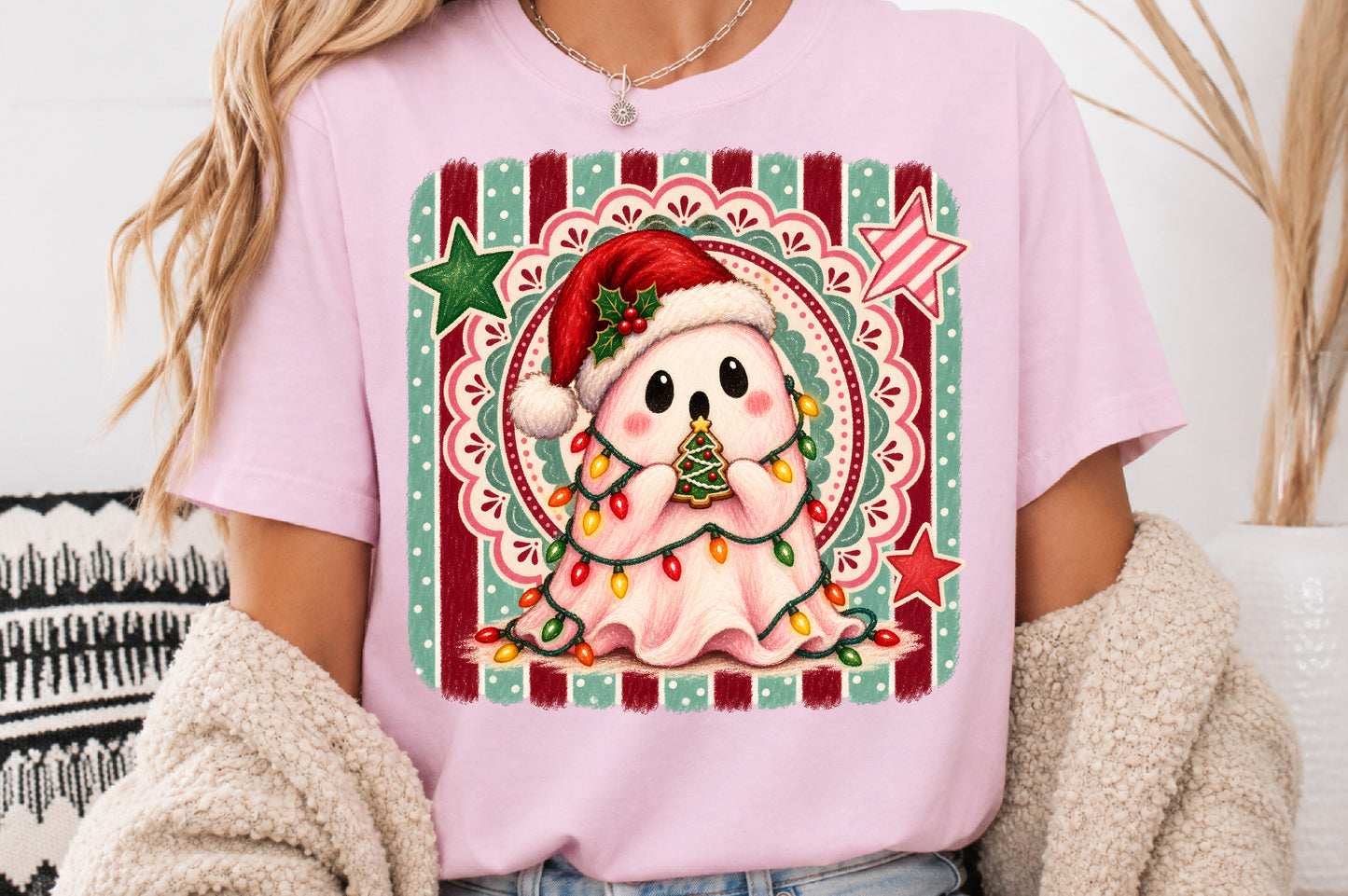 Cute Christmas Ghost PNG Santa Hat Holiday Lights Cookie Sublimation