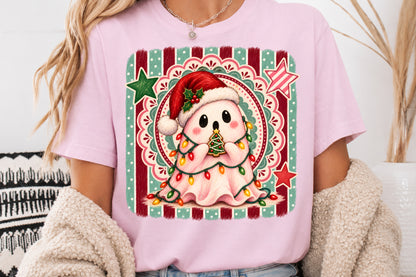 Cute Christmas Ghost PNG Santa Hat Holiday Lights Cookie Sublimation