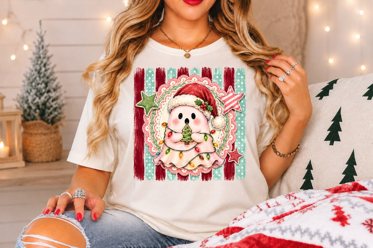 Cute Christmas Ghost PNG Santa Hat Holiday Lights Festive Sublimation