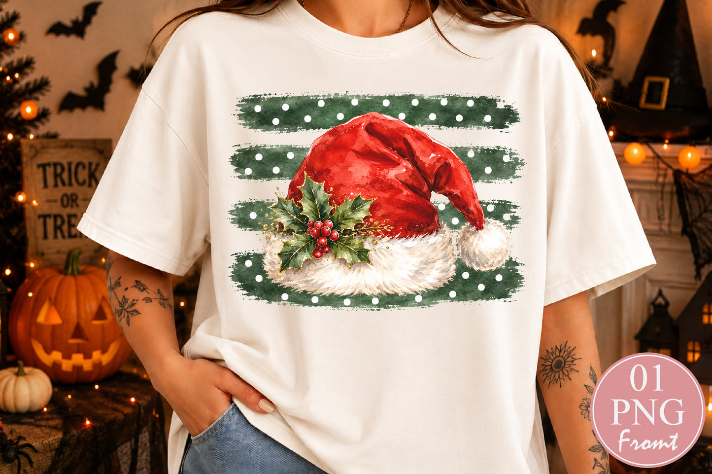 Christmas Santa Hat PNG Holly Berry Green Polka Dot Sublimation Design