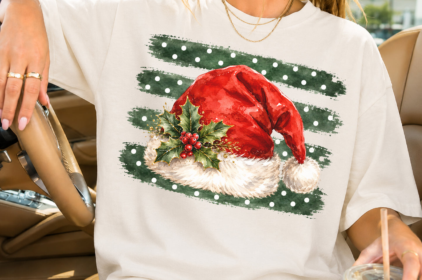 Christmas Santa Hat PNG Holly Berry Green Polka Dot Sublimation Design