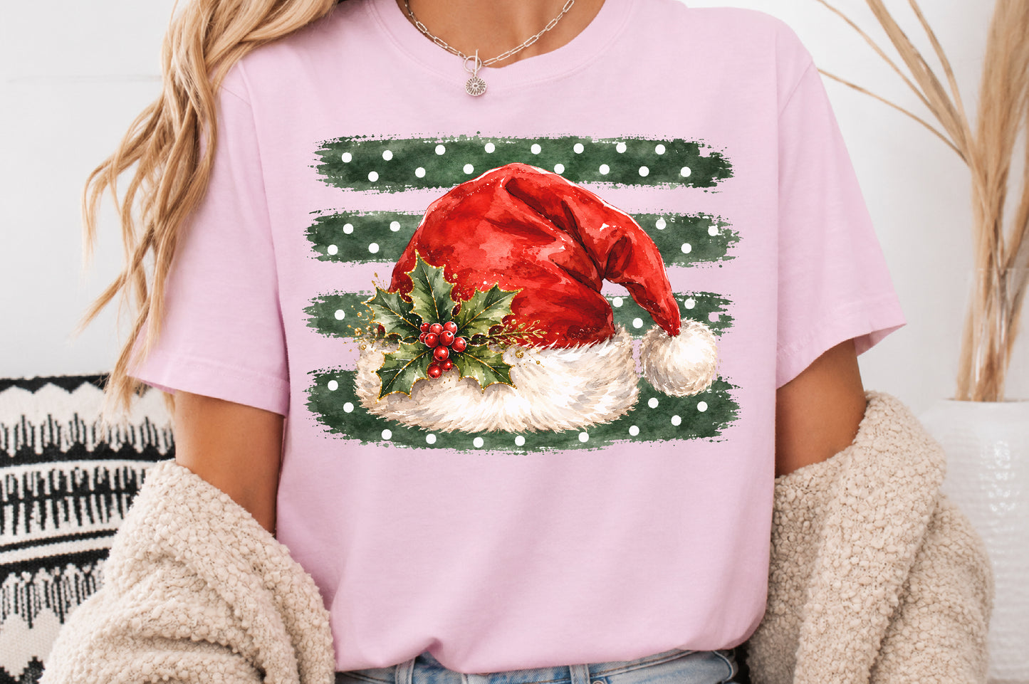 Christmas Santa Hat PNG Holly Berry Green Polka Dot Sublimation Design