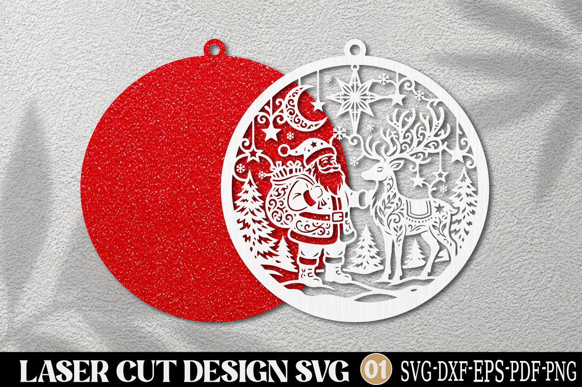 Christmas Santa Reindeer Ornament SVG | Santa & Reindeer Laser Cut Design