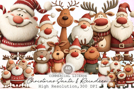 Christmas Santa Reindeer Watercolor Clipart PNG Bundle