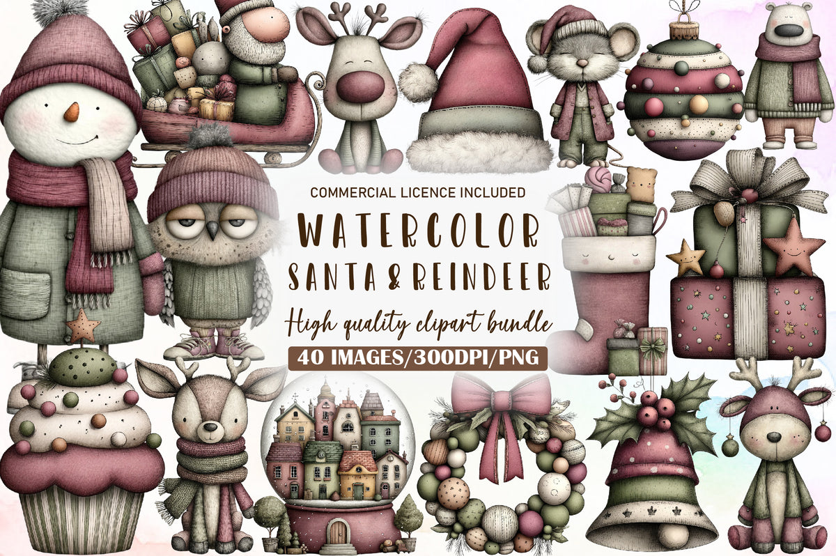 Christmas Santa Reindeer Watercolor Clipart PNG Bundle