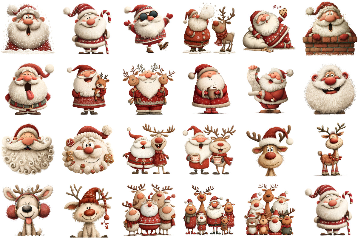 Christmas Santa Reindeer Watercolor Clipart PNG Bundle