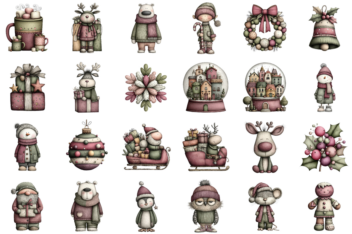 Christmas Santa Reindeer Watercolor Clipart PNG Bundle