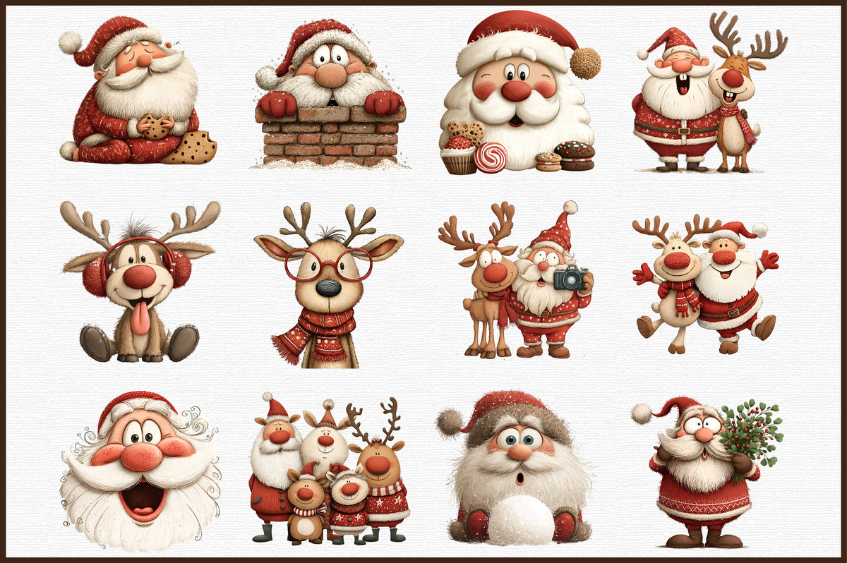 Christmas Santa Reindeer Watercolor Clipart PNG Bundle