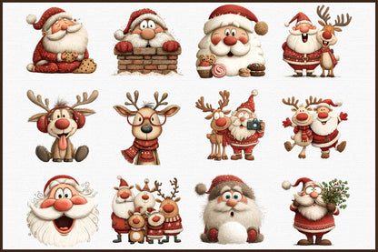 Christmas Santa Reindeer Watercolor Clipart PNG Bundle