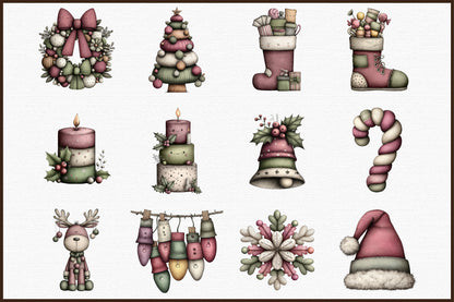 Christmas Santa Reindeer Watercolor Clipart PNG Bundle