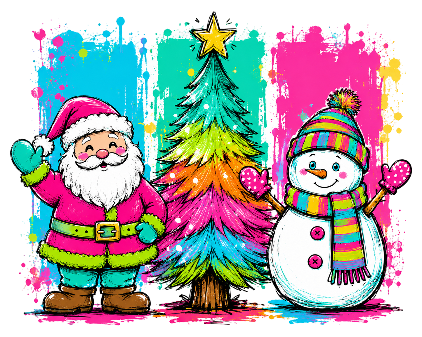 Colorful Christmas Santa Tree Snowman PNG | Bright Holiday Sublimation Clipart