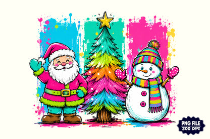 Colorful Christmas Santa Tree Snowman PNG | Bright Holiday Sublimation Clipart