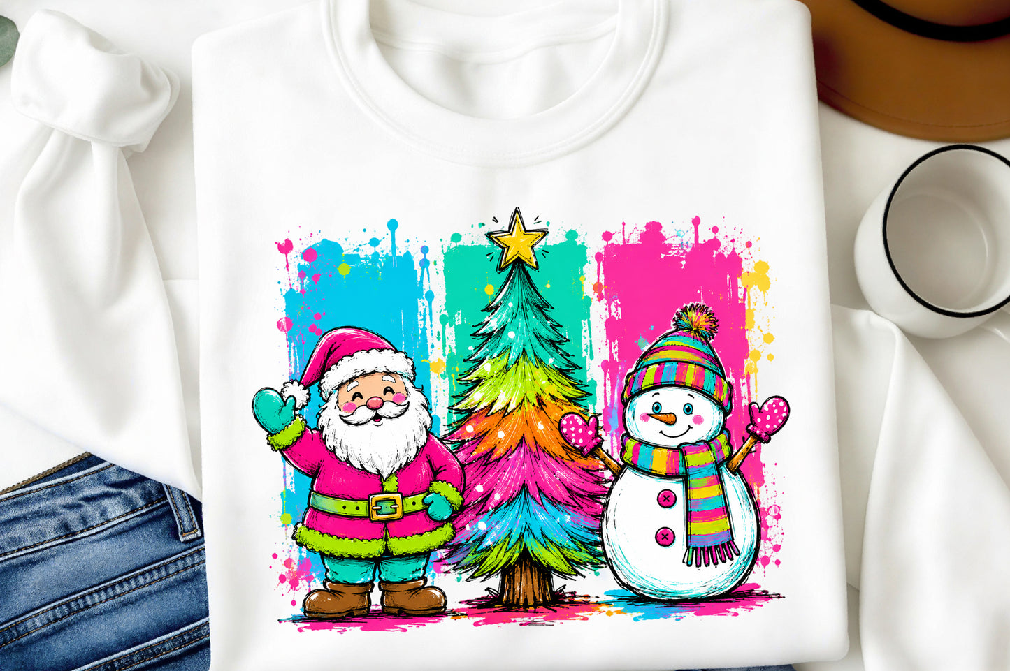 Colorful Christmas Santa Tree Snowman PNG | Bright Holiday Sublimation Clipart
