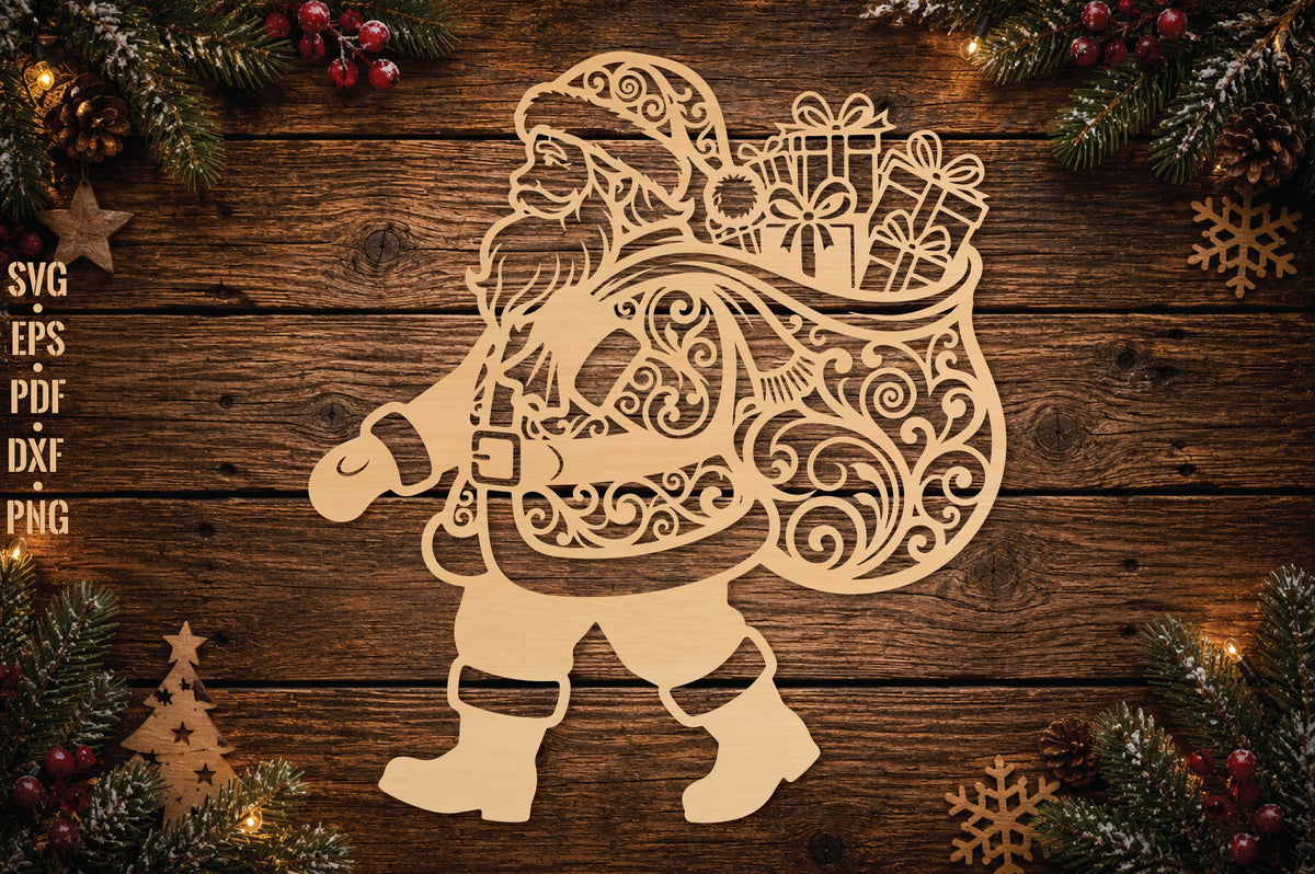 Christmas Santa with Gifts Laser Cut SVG, Santa Claus Holiday Cut File, Christmas Decoration SVG