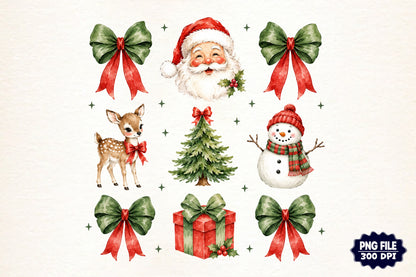 Christmas Santa Reindeer Coquette PNG, Cute Christmas Clipart Sublimation Bundle