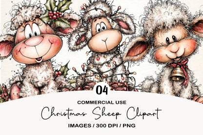 Christmas Sheep Clipart PNG Bundle | Cute Watercolor Holiday Sheep Clipart | Festive Christmas Lamb PNG