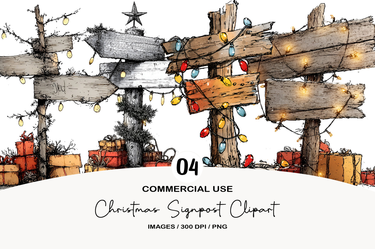 Christmas Signpost Clipart PNG Bundle | Cute Watercolor Holiday Signpost Clipart | Festive Winter Wooden Signs
