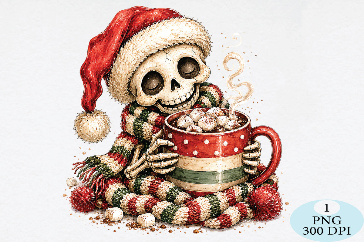 Cute Christmas Skeleton Hot Cocoa PNG