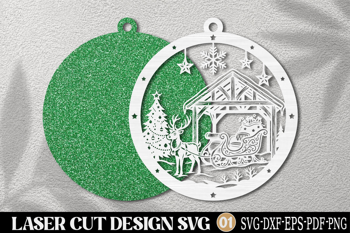 Christmas Sleigh Barn Ornament SVG | Santa Sleigh Reindeer Laser Cut Design