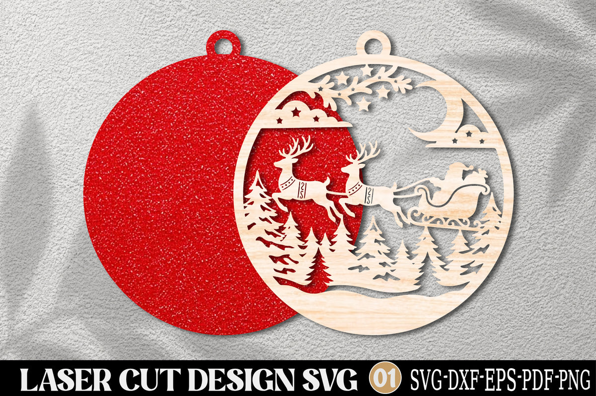 Christmas Sleigh Forest Ornament SVG | Reindeer Santa Sleigh Laser Cut