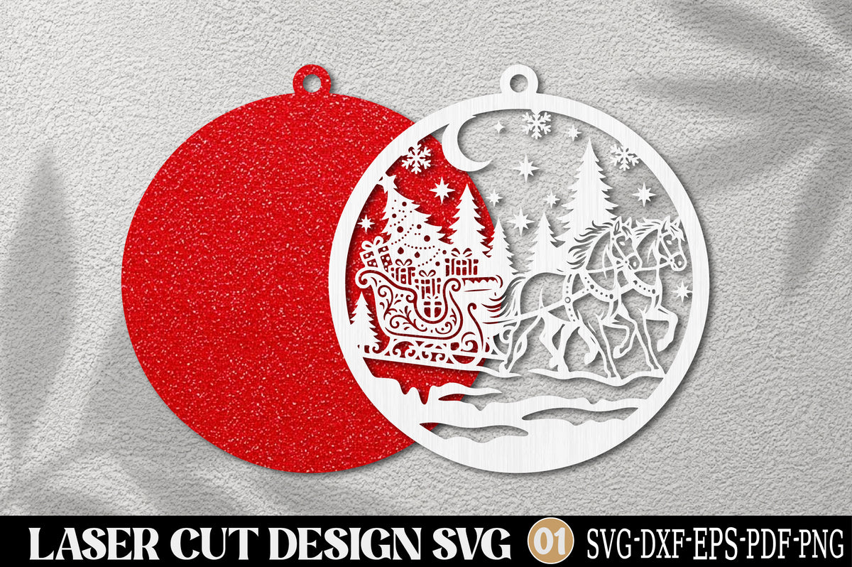 Christmas Sleigh Reindeer Ornament SVG | Santa Sleigh Laser Cut Design