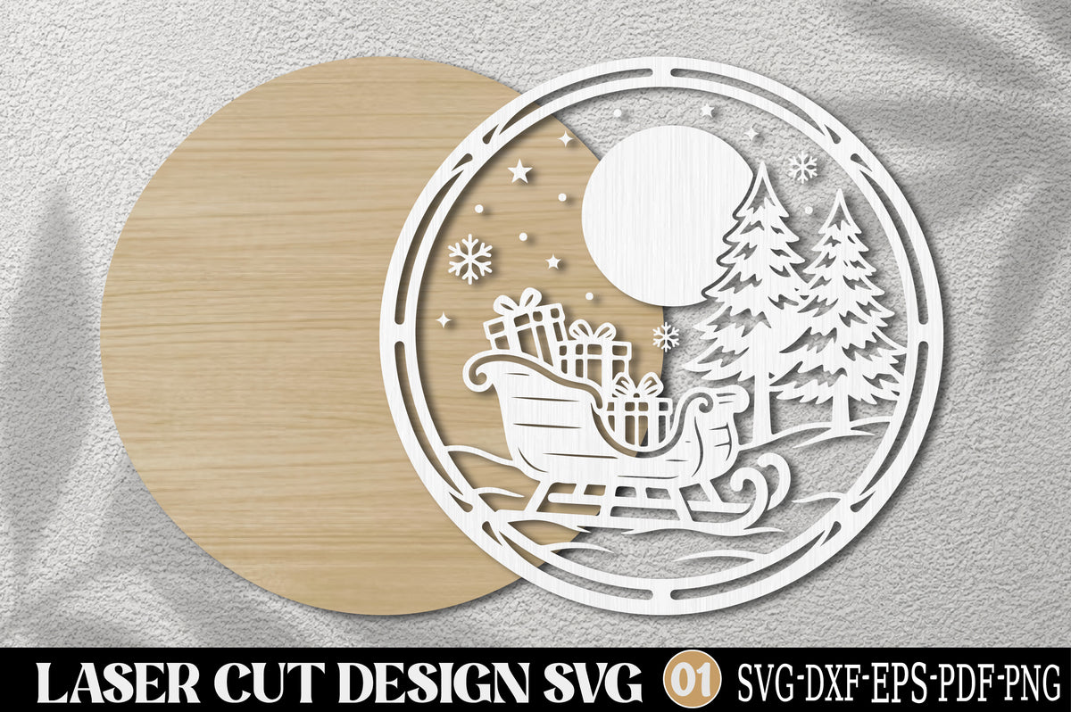 Christmas Sleigh Scene Ornament SVG | Santa Sleigh Gifts & Trees Laser Cut