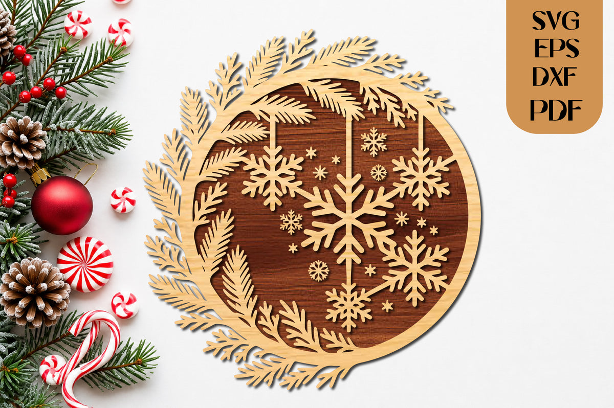 Christmas Snowflake Wreath SVG Laser Cut