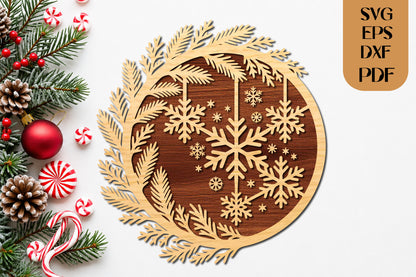 Christmas Snowflake Wreath SVG Laser Cut