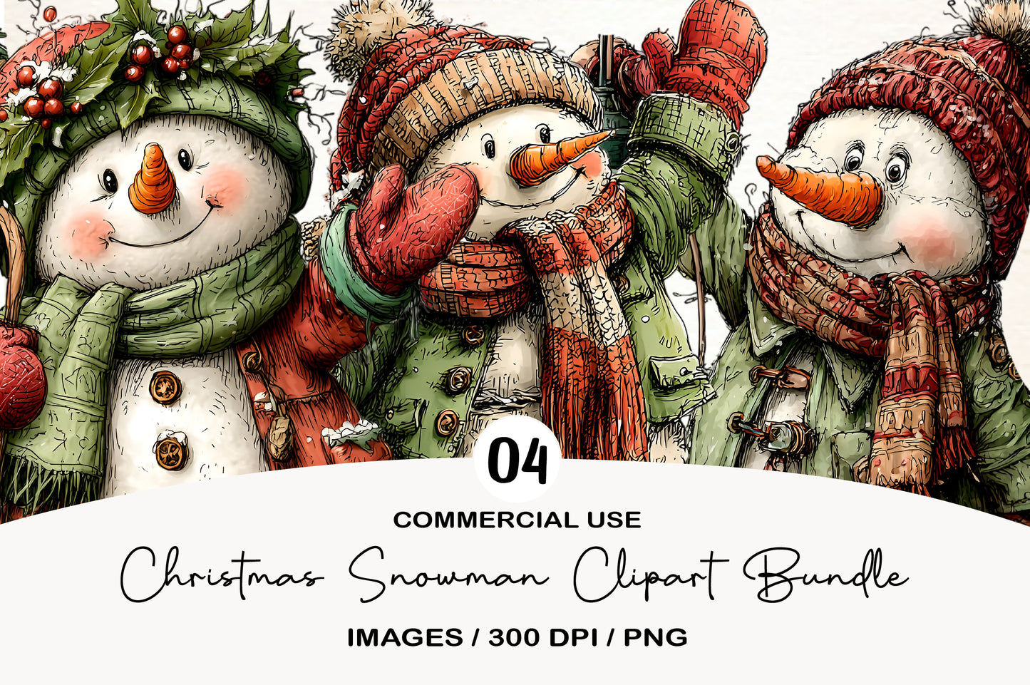 Christmas Snowman Clipart PNG Bundle | Cute Watercolor Holiday Snowman Clipart