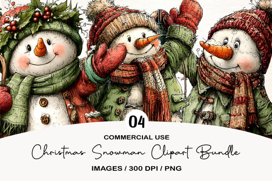 Christmas Snowman Clipart PNG Bundle | Cute Watercolor Holiday Snowman Clipart