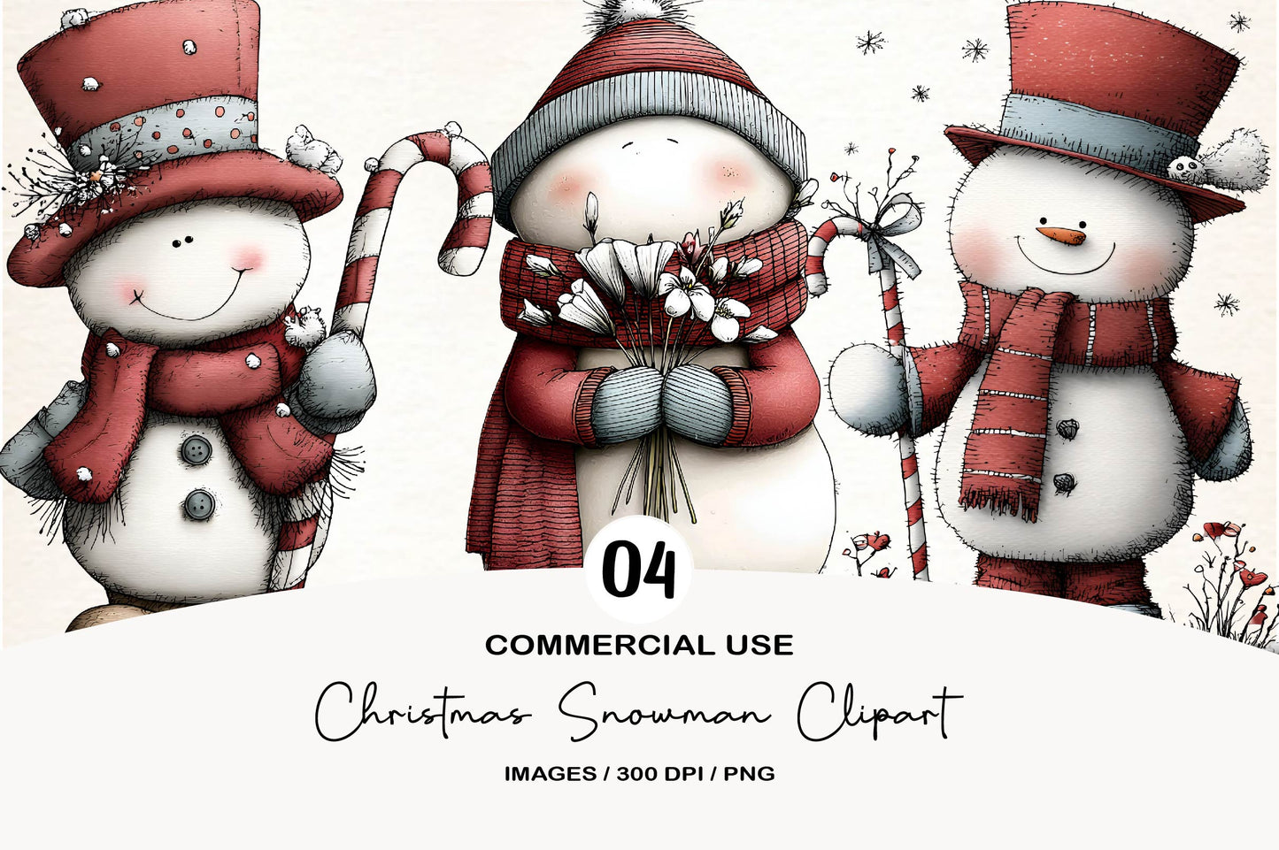 Christmas Snowman Clipart PNG Bundle | Cute Watercolor Holiday Snowman Clipart